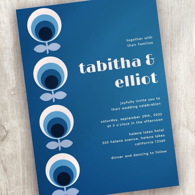 Convites Casamento Floral do Meio século Retro Azul (Criador carregado)