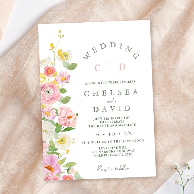 Convites Casamento Floral do Monograma Branco Rosa Moderno (Pastel Floral Wedding Invitation Template, Pink Floral Wedding Invitation, Spring Floral Wedding )