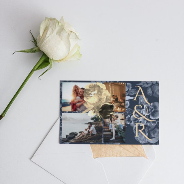 Convites Casamento Floral do Ouro Azul com Marinho de 4 Fot (Criador carregado)