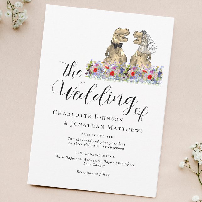 Convites Casamento Floral do Tema Dinossauro (Modern Script dinosaur theme wedding invitation with watercolor wildflowers & T-Rex bride and groom)