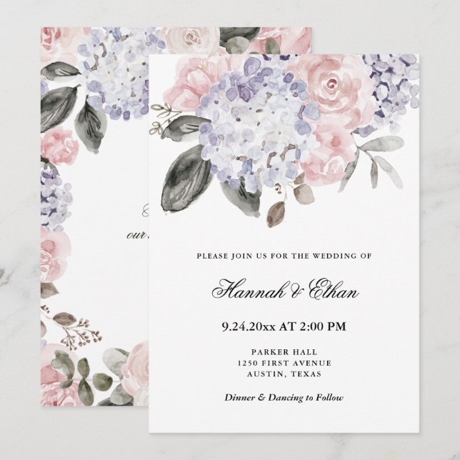Convites Casamento floral dos Hydrangeas | da aguarela do (Frente/Verso)