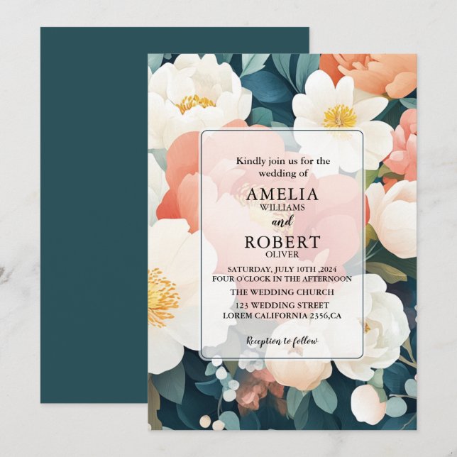 Convites Casamento Floral dos Peões Teais Modernos (Frente/Verso)