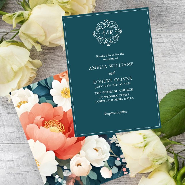 Convites Casamento Floral dos Peões Teais Modernos (Criador carregado)