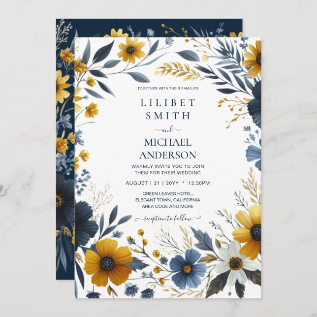 Convites Casamento Floral Dourado Amarelo Azul Marinho Prem (Frente/Verso)