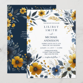 Convites Casamento Floral Dourado Amarelo Azul Marinho Prem