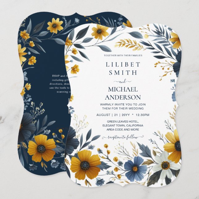 Convites Casamento Floral Dourado Amarelo Azul Marinho Prem (Frente/Verso)