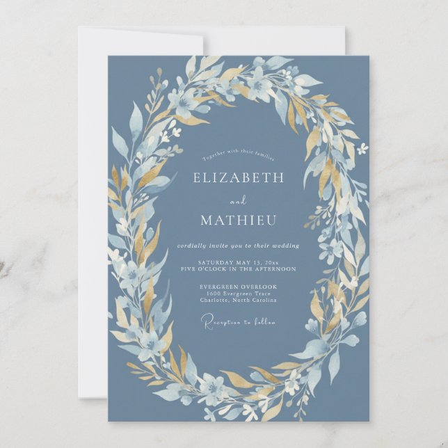 Convites Casamento Floral Dourado Azul Aço (Frente)