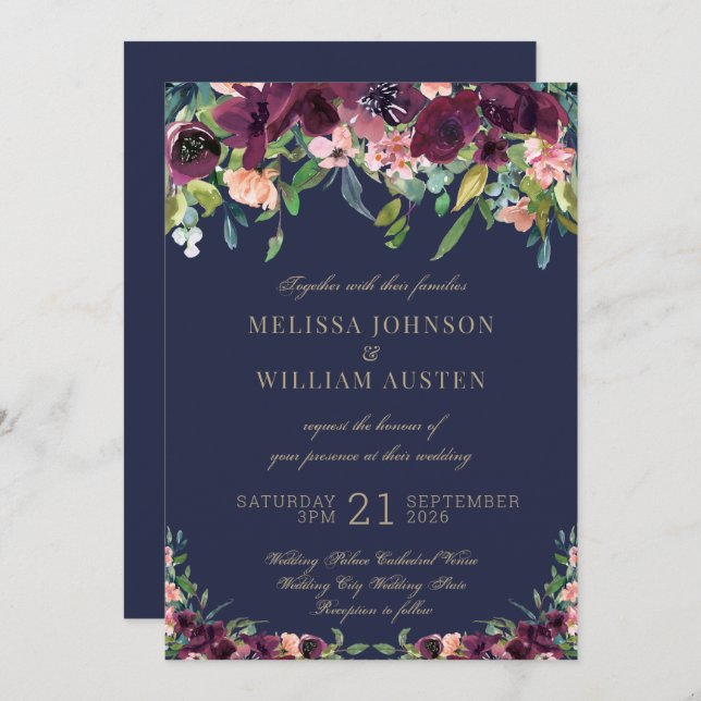 Convites Casamento Floral Dourado Azul com Borgonha Marinho (Frente/Verso)