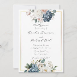 Convites Casamento Floral Dourado Azul Empoeirado Personali