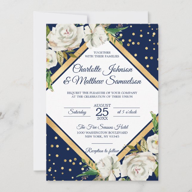 Convites Casamento Floral Dourado Azul Marinho Branco (Frente)
