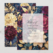 Casamento Floral Dourado, Azul Marinho e Borgonha