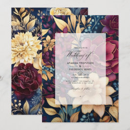 Convites Casamento Floral Dourado, Azul Marinho e Borgonha