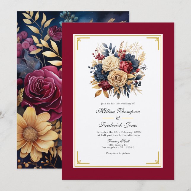 Convites Casamento Floral Dourado, Azul Marinho e Burgundy (Frente/Verso)