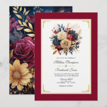 Casamento Floral Dourado, Azul Marinho e Burgundy
