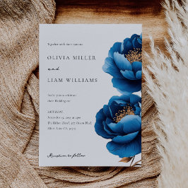 Convites Casamento Floral Dourado Azul-Marinho Elegante