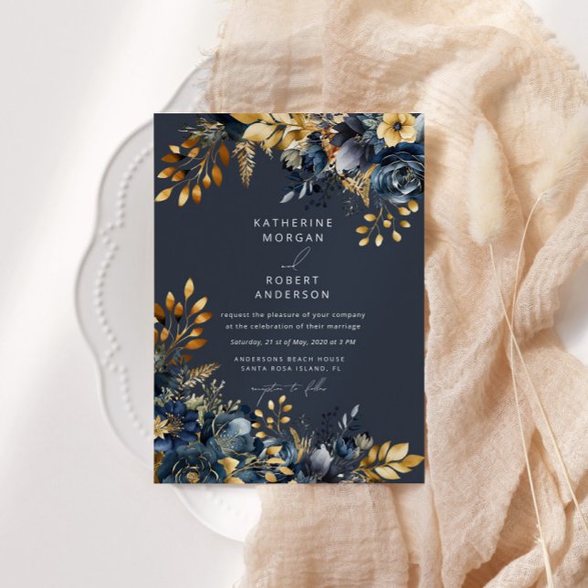 Convites Casamento Floral Dourado Azul Meia-Noite em Aquare (Criador carregado)