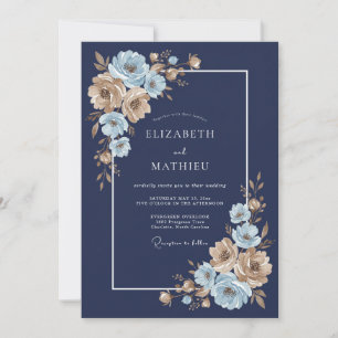 Convites Casamento Floral Dourado Azul Naval
