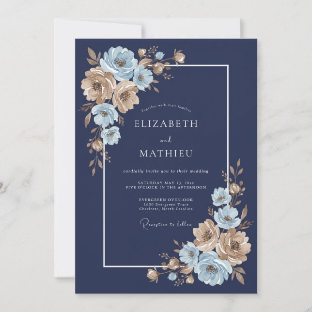 Convites Casamento Floral Dourado Azul Naval (Frente)