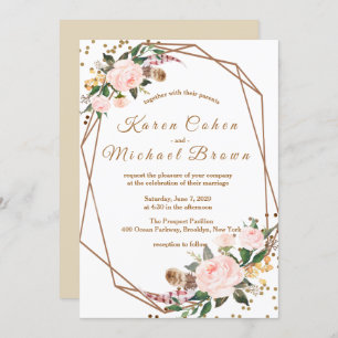 Convites Casamento Floral Dourado Boho Chic, Cor-de-Água Ro