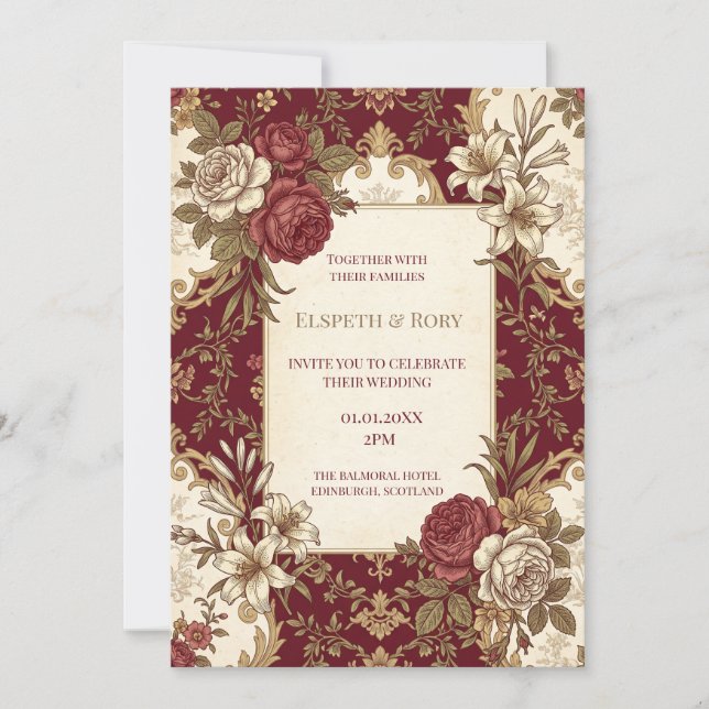 Convites Casamento Floral Dourado Borgonha (Frente)