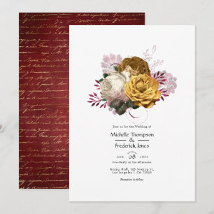 Convites Casamento Floral Dourado, Borgonha