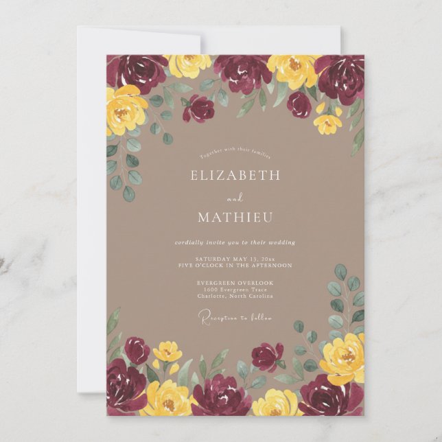 Convites Casamento Floral Dourado Borgonha Romance (Frente)