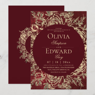 Convites Casamento Floral Dourado Burgundy Divino