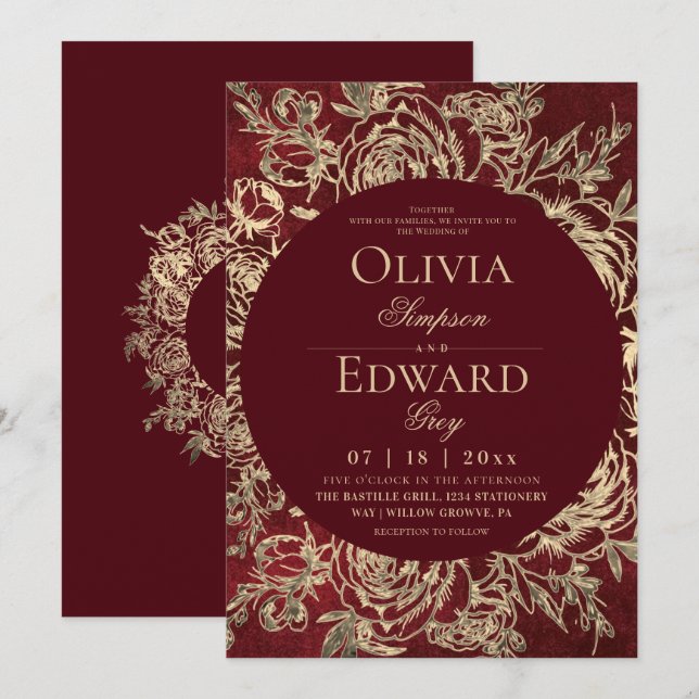 Convites Casamento Floral Dourado Burgundy Divino  (Frente/Verso)