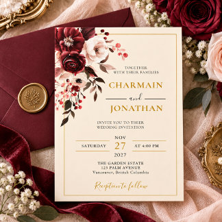 Convites Casamento Floral Dourado Burgundy Elegante