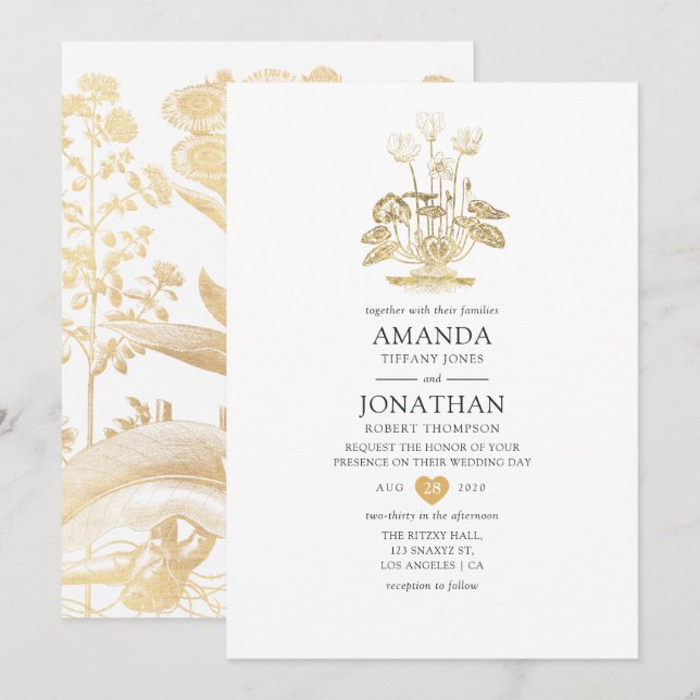 Convites Casamento Floral Dourado Chic (Frente/Verso)