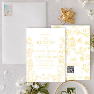 Convites Casamento Floral Dourado Chinoiserie com Código QR