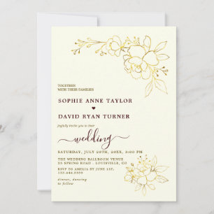 Convites Casamento Floral Dourado com Listras Burgundy Prof