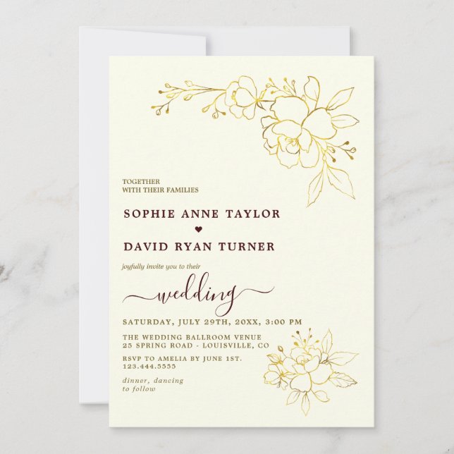 Convites Casamento Floral Dourado com Listras Burgundy Prof (Frente)