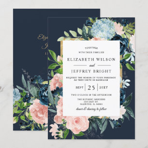 Convites Casamento Floral Dourado com Marinho de Aquarela R