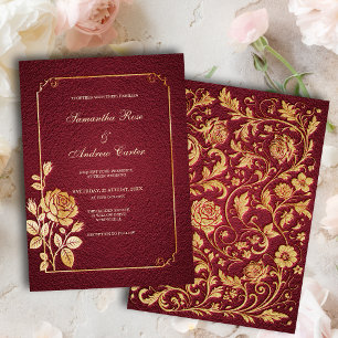 Convites Casamento Floral Dourado com Relevo em Merlot Escu