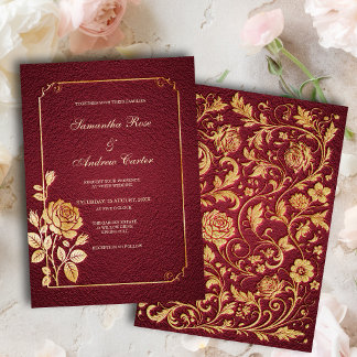Convites Casamento Floral Dourado com Relevo em Merlot Escu