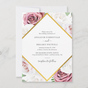 Convites Casamento Floral Dourado com Rosa Geométrico Elega