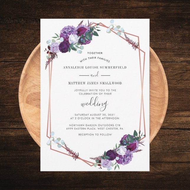 Convites Casamento Floral Dourado com Rosa Geométrico Roxo  (Purple Floral Geometric Script Wedding Invitation)