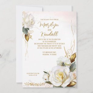 Convites Casamento Floral Dourado com Rosa romântica