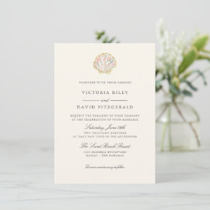 Convites Casamento Floral Dourado Concha Elegante Oceano Pr