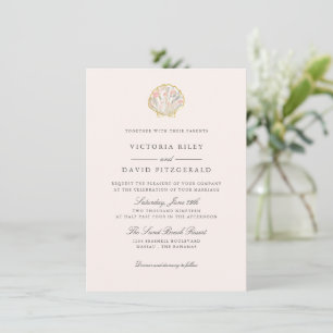Convites Casamento Floral Dourado Concha Elegante Oceano Pr