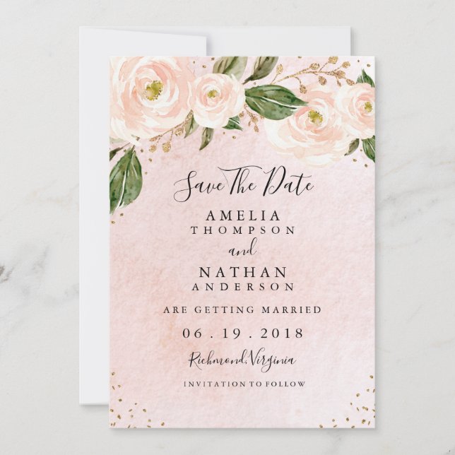 Convites Casamento Floral Dourado Cor-De-Rosa Esbranquiçada (Frente)