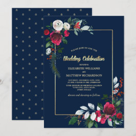 Convites Casamento Floral Dourado da Borgonha marinho Azul