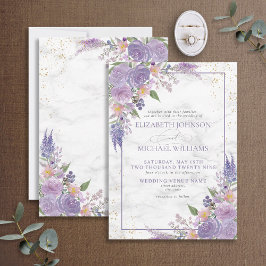 Convites Casamento Floral Dourado da Lavanda Lilac Marble