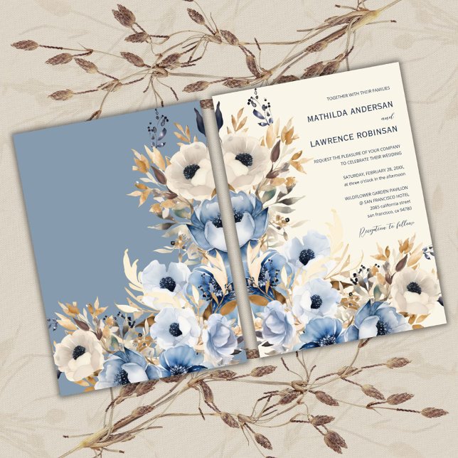 Convites Casamento Floral Dourado de Inverno Elegante Dusty (Elegant Gold Dusty Blue Floral Winter Wedding Invitation)