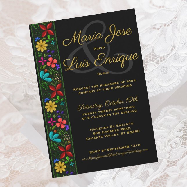 Convites Casamento Floral Dourado de Latim Preto Elegante (Criador carregado)