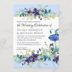 Convites Casamento Floral Dourado de Papanicolau Azul Páli