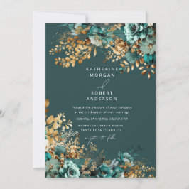 Convites Casamento Floral Dourado de Teal Watercolor