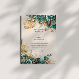 Convites Casamento Floral Dourado de Teal Watercolor