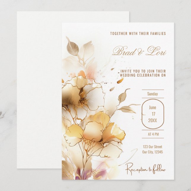 Convites Casamento Floral Dourado Delicado (Frente/Verso)